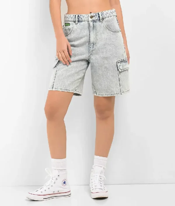 Empyre Tori Blue Acid Wash Denim Cargo Shorts