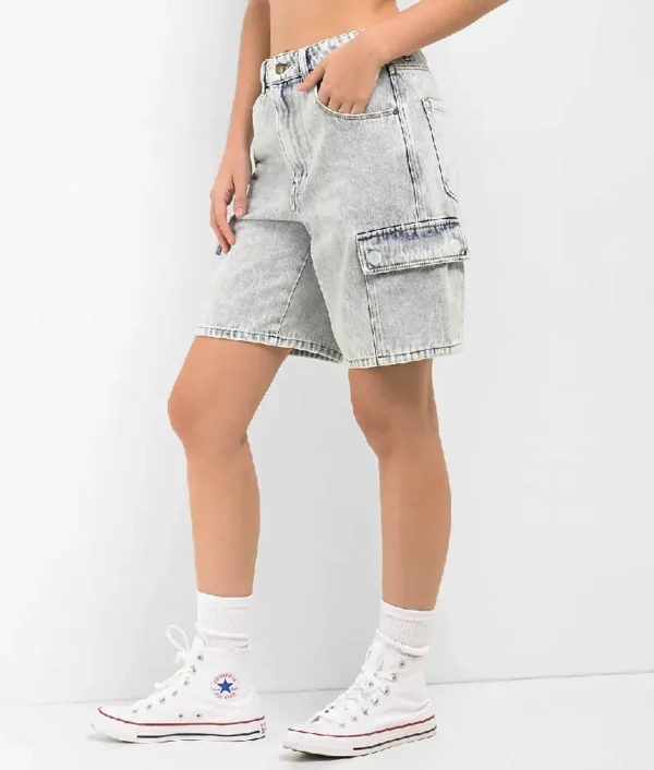 Empyre Tori Blue Acid Wash Denim Cargo Shorts